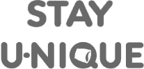Grayscale logo with the phrase 'STAY U·NIQUE' in bold typography, featuring a stylized letter 'Q' with a design element.